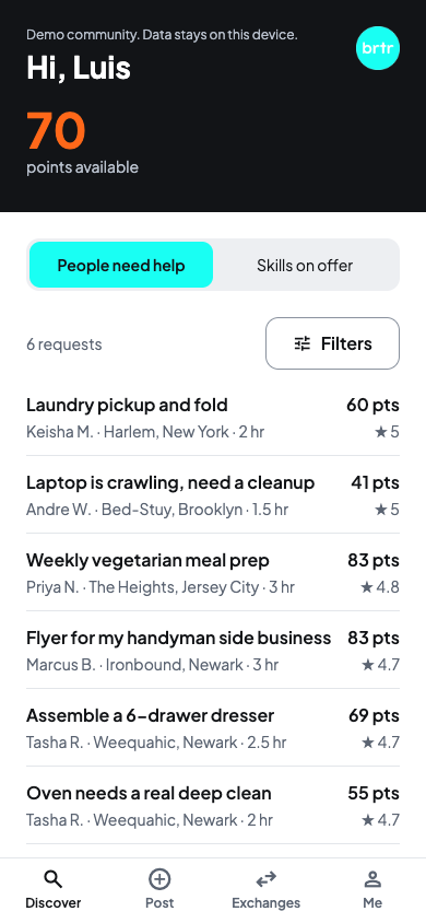 The BRTR app's Discover screen: a points balance, filters by category, and jobs neighbors need help with, each with its points.