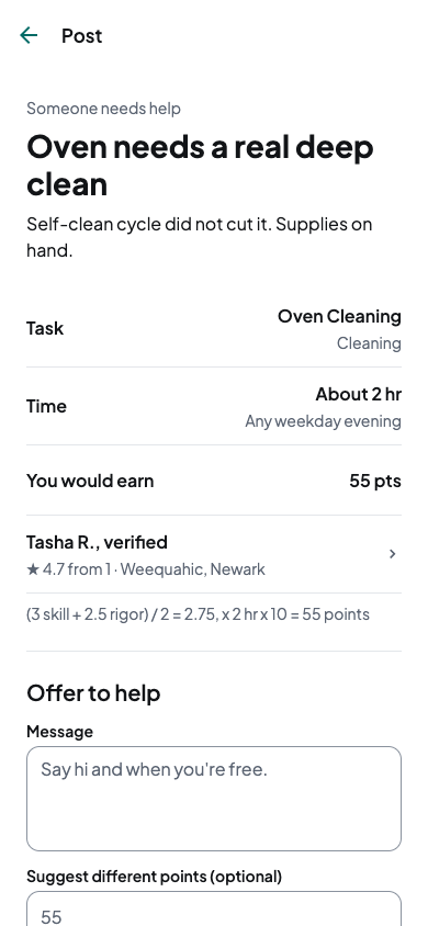 A job in the BRTR app: an oven that needs a deep clean, about 2 hours, with the points you would earn and how they were worked out.